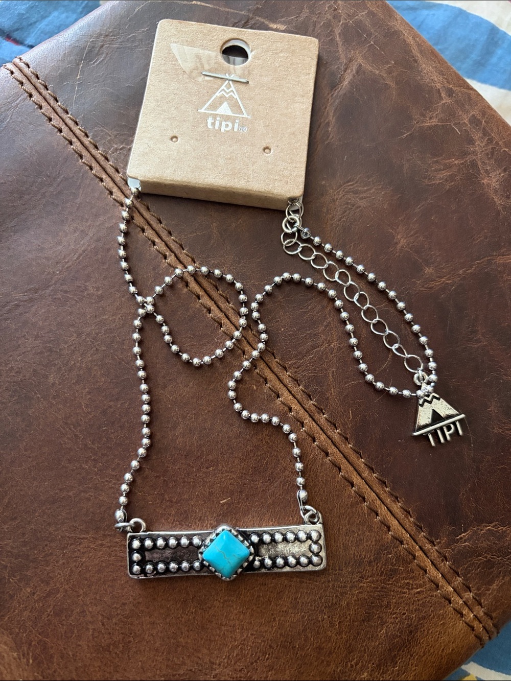 Tipi Faux Silver Bar Necklace with Turquoise Accent